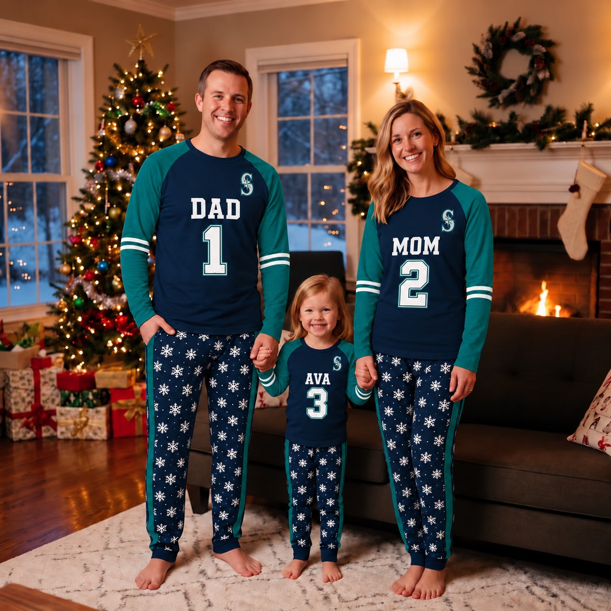 Seattle Mariners family Christmas pajamas, jersey design