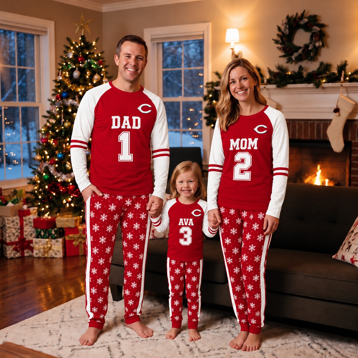 Cincinnati Reds family Christmas pajamas, jersey design