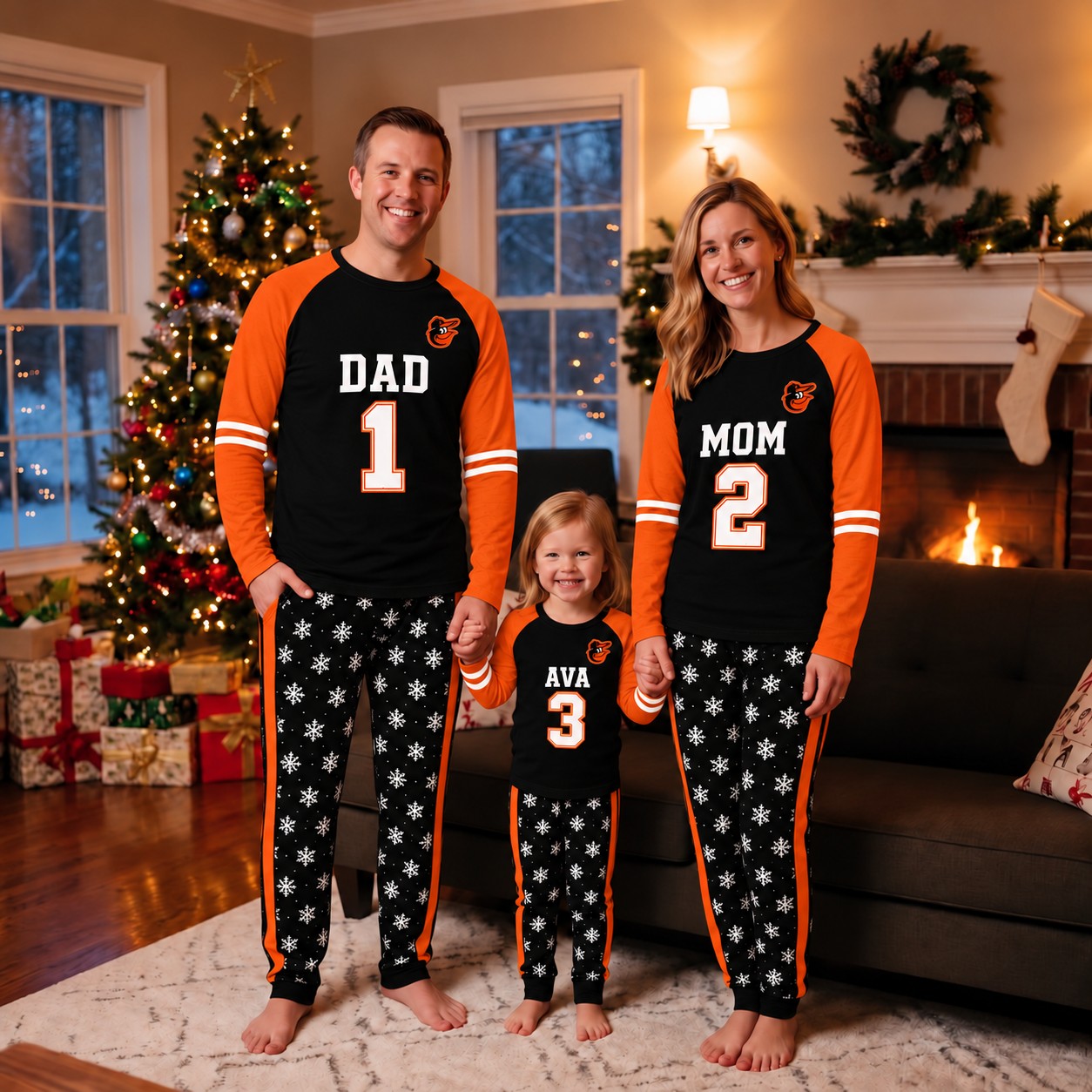 Baltimore Orioles family Christmas pajamas, jersey design