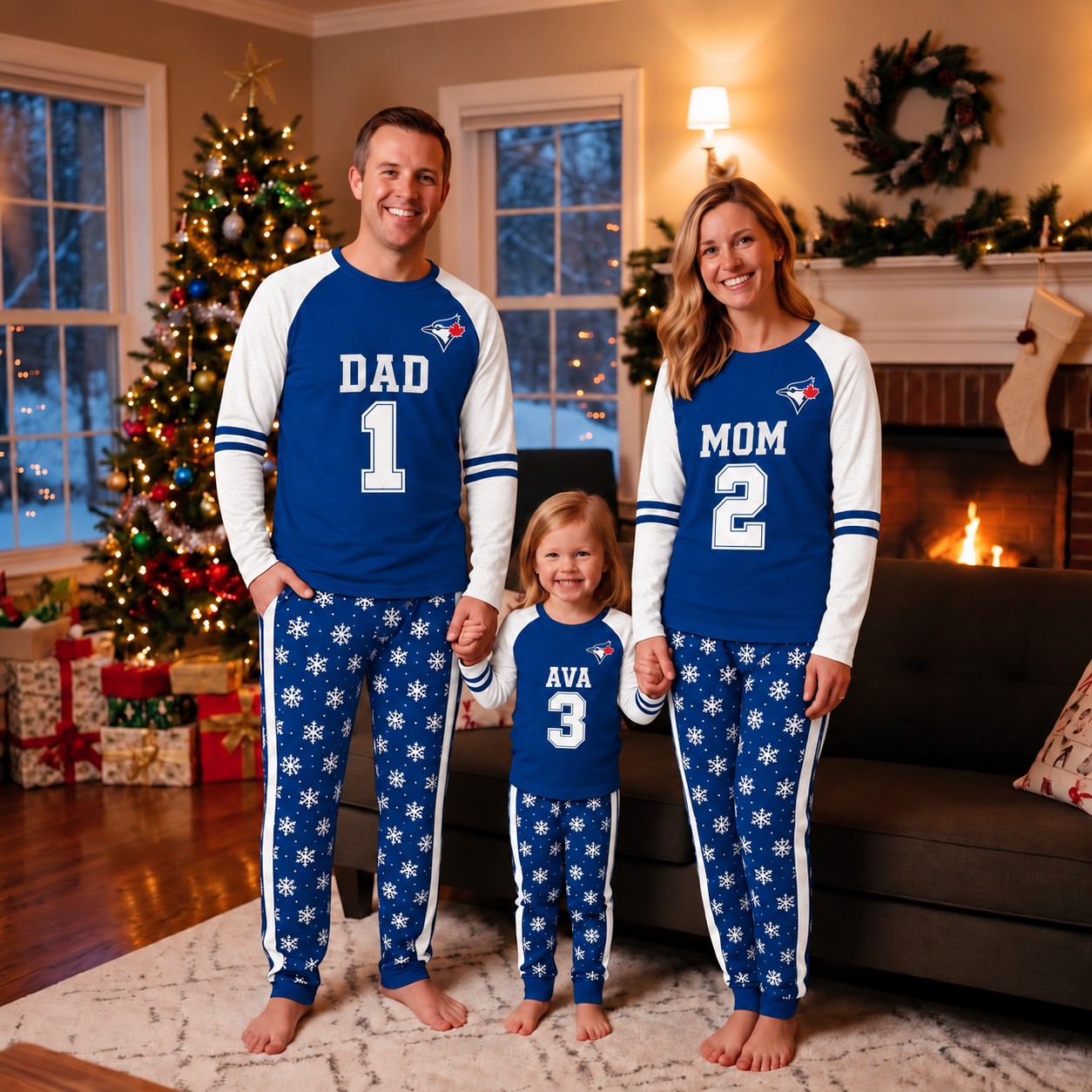 Toronto Blue Jays family Christmas pajamas, jersey design