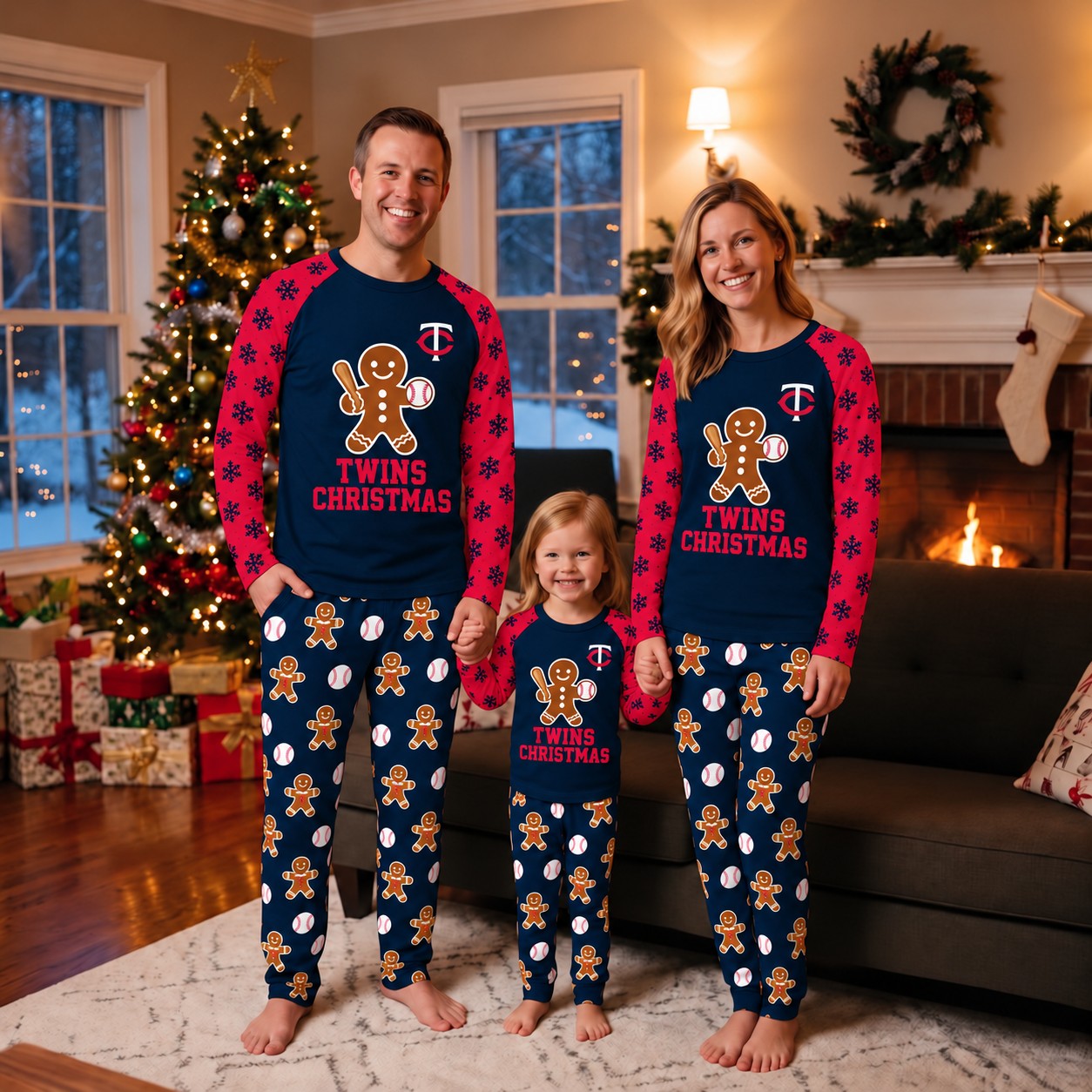 Minnesota Twins family Christmas pajamas, gingerbread design