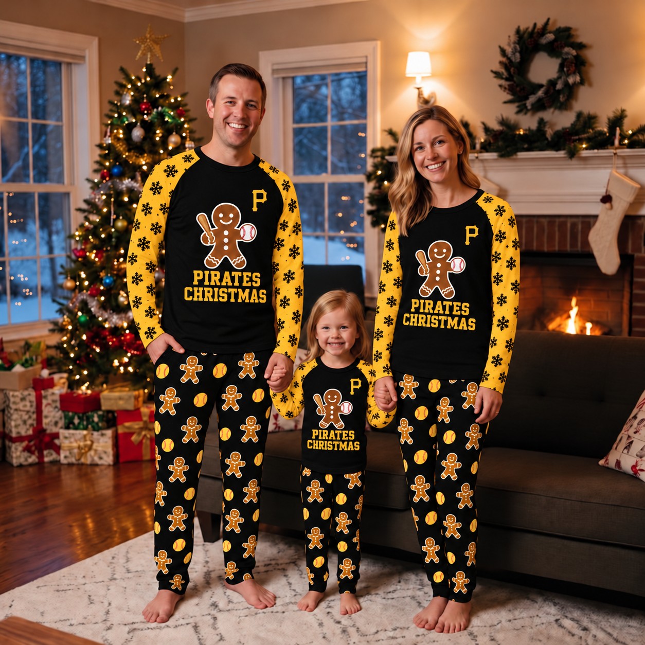 Pittsburgh Pirates family Christmas pajamas, gingerbread design