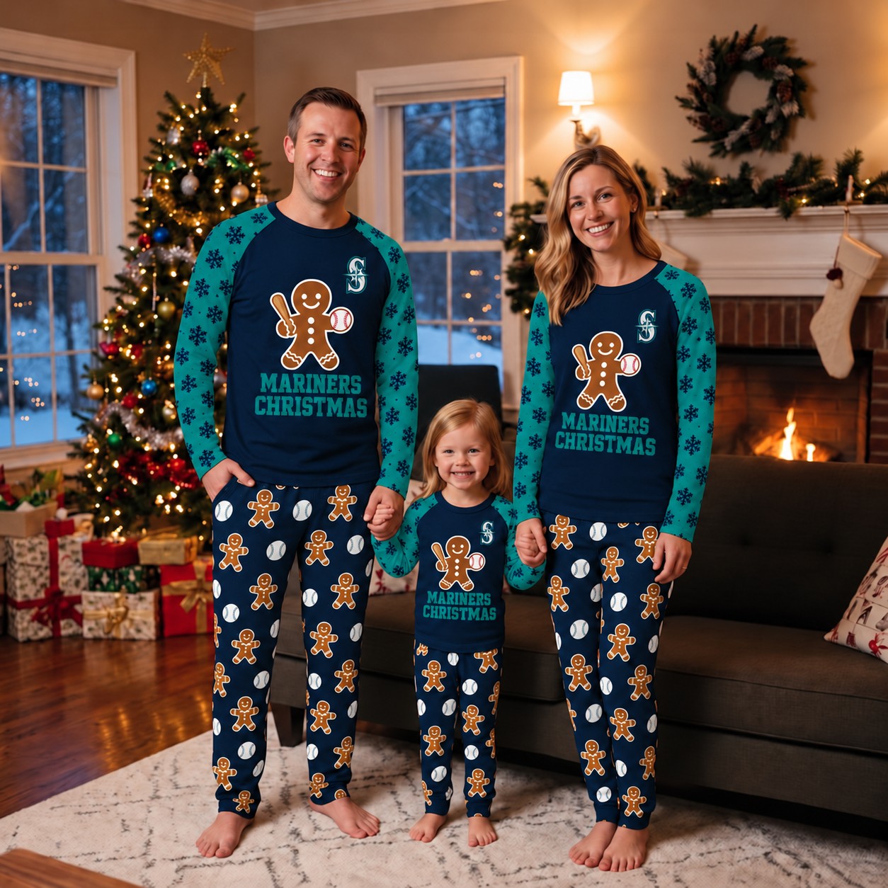 Seattle Mariners family Christmas pajamas, gingerbread design