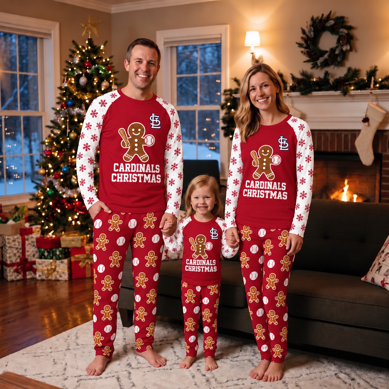 St. Louis Cardinals family Christmas pajamas, gingerbread design