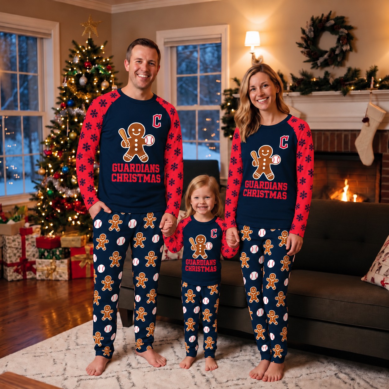 Cleveland Guardians family Christmas pajamas, gingerbread design