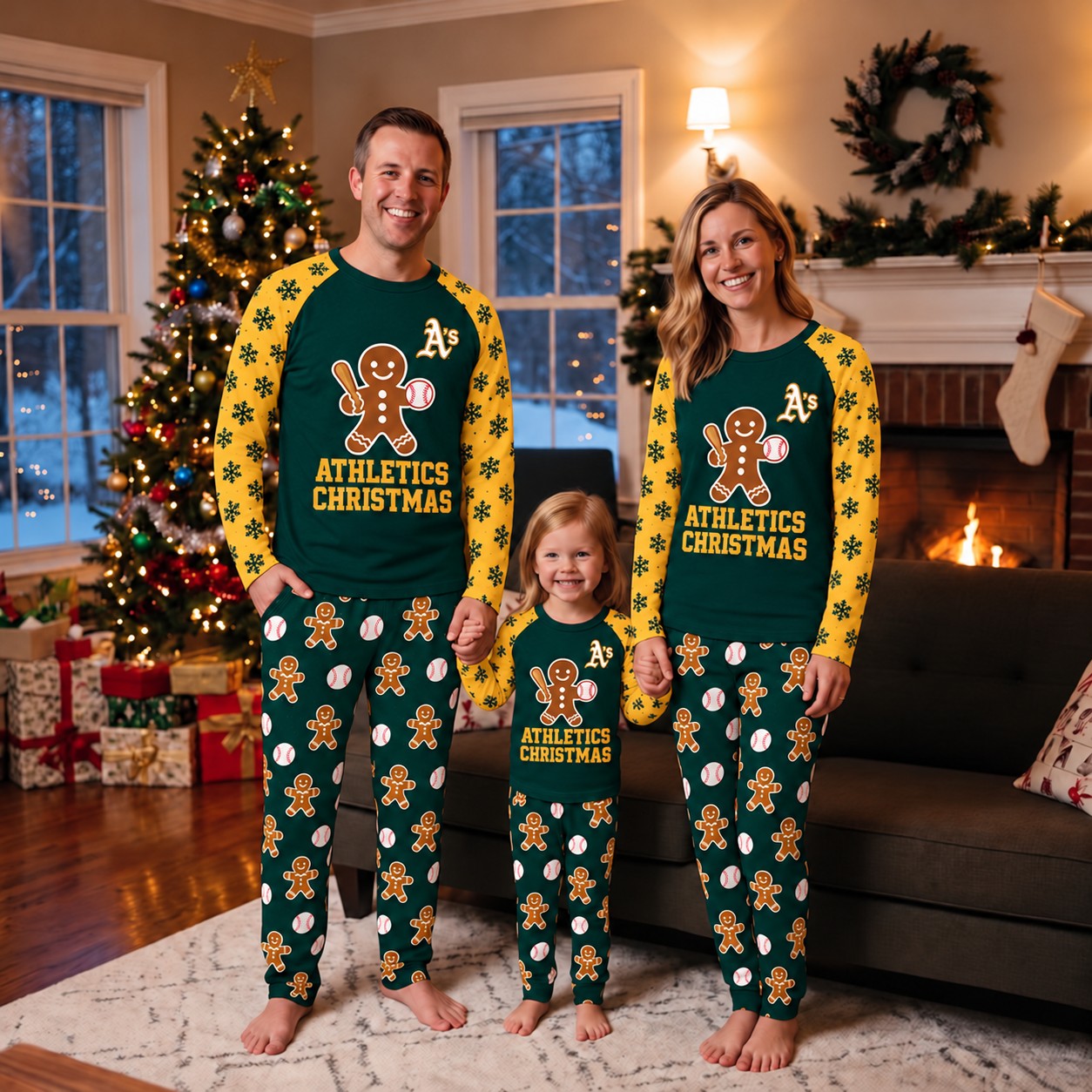 Athletics family Christmas pajamas, gingerbread design