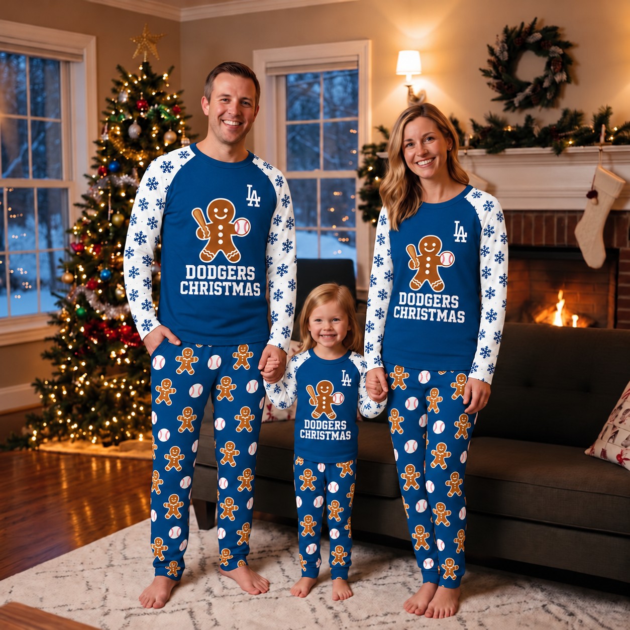 Los Angeles Dodgers family Christmas pajamas, gingerbread design