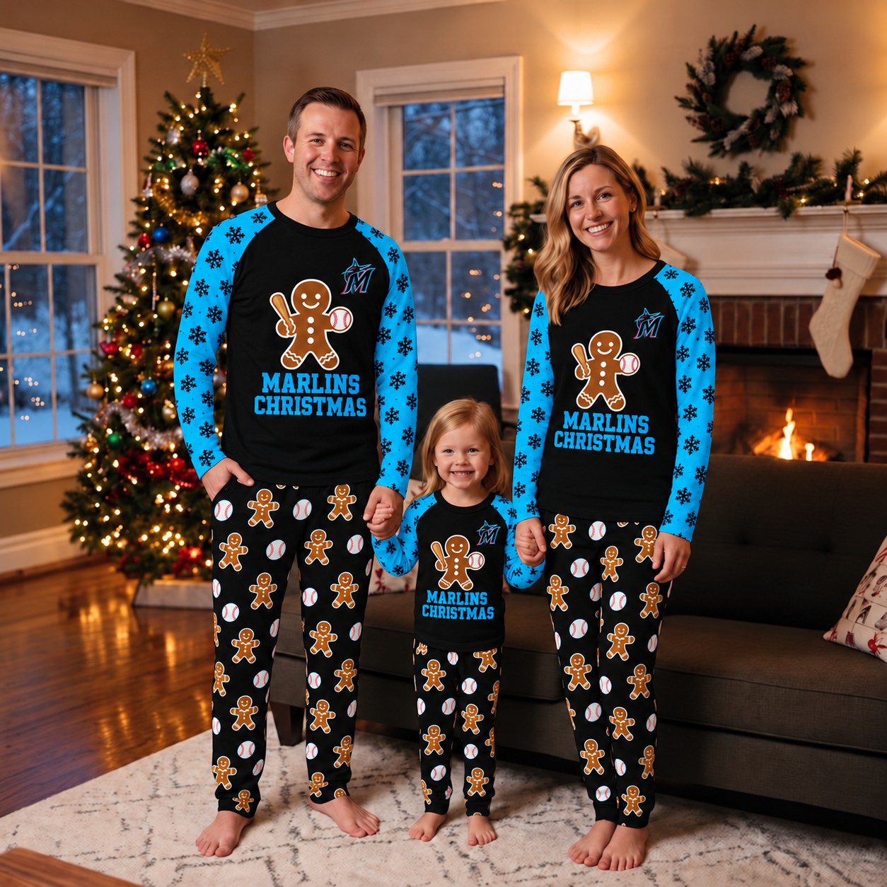 Miami Marlins family Christmas pajamas, gingerbread design