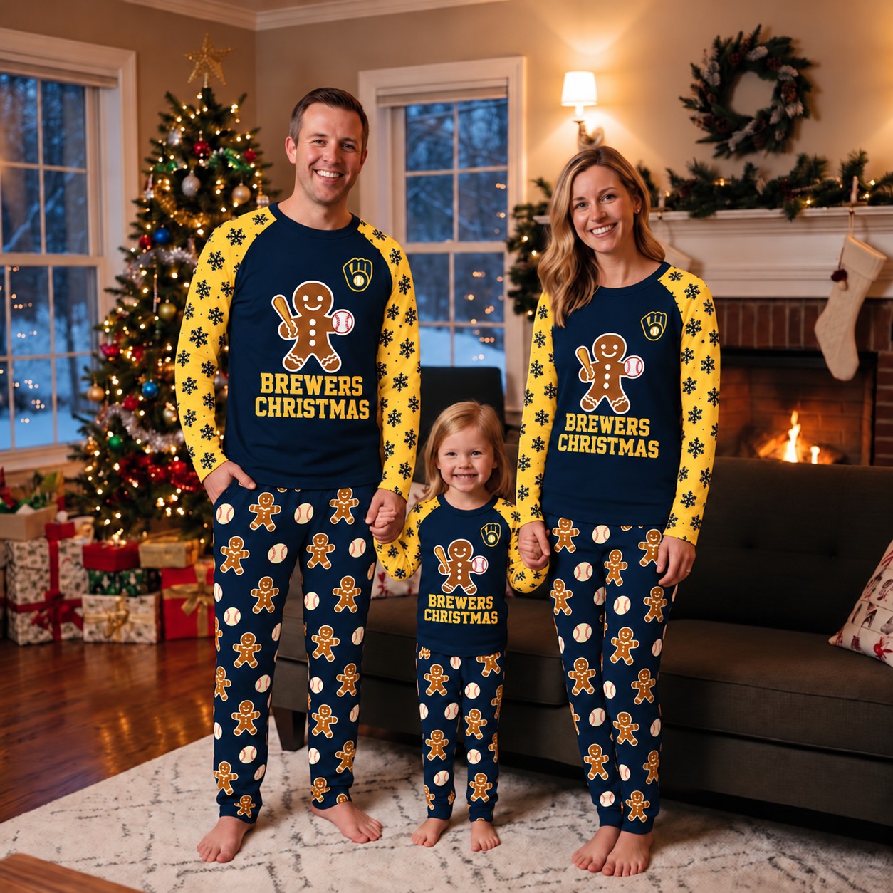 Milwaukee Brewers family Christmas pajamas, gingerbread design
