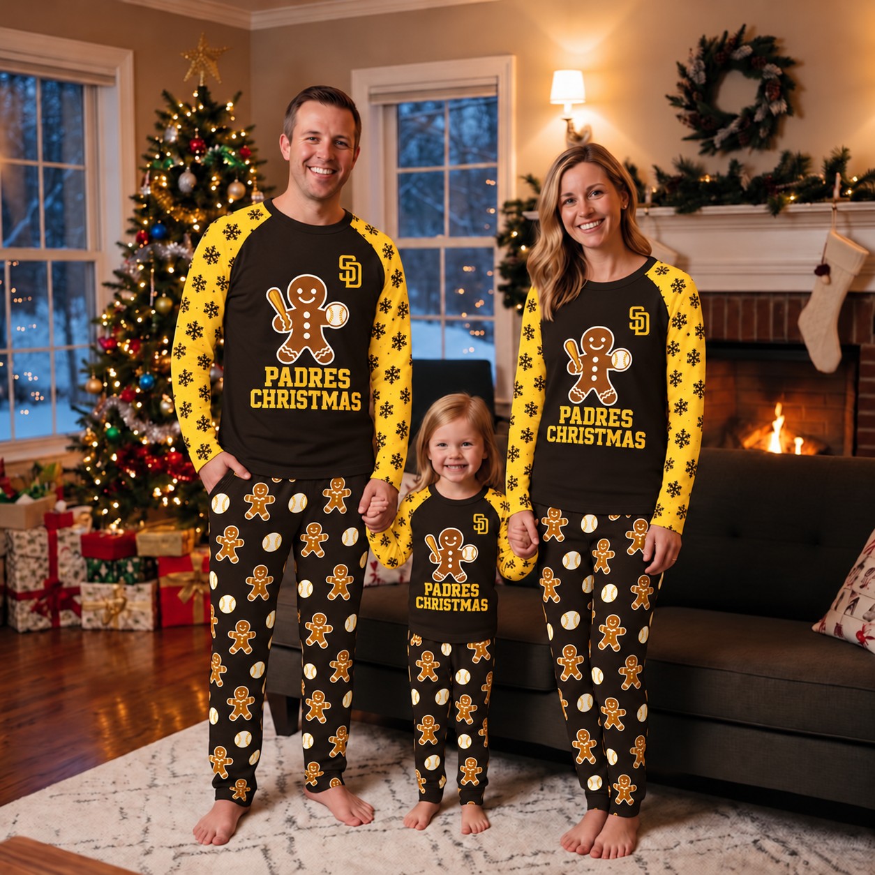 San Diego Padres family Christmas pajamas, gingerbread design