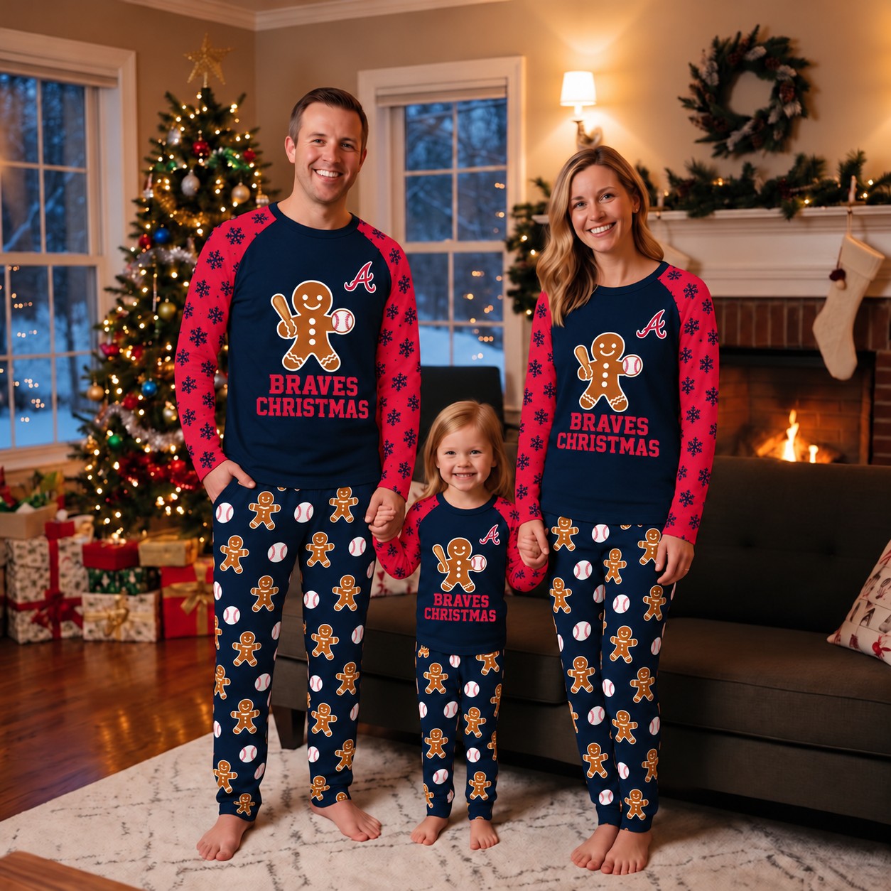 Atlanta Braves family Christmas pajamas, gingerbread design