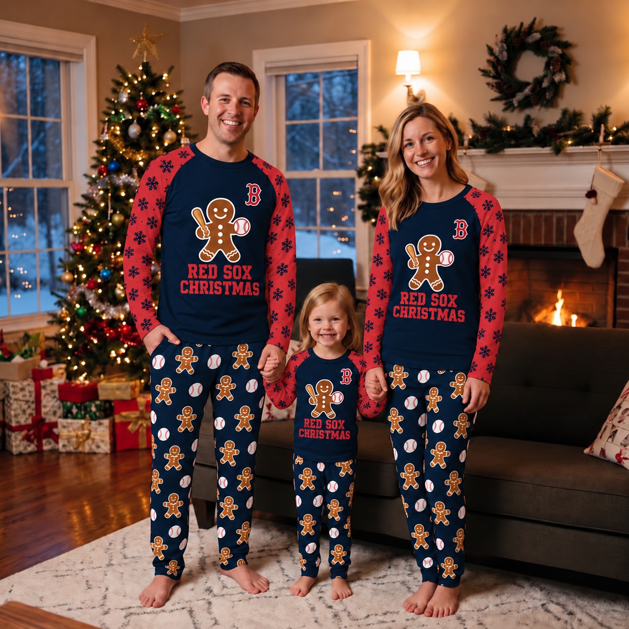 Boston Red Sox family Christmas pajamas, gingerbread design