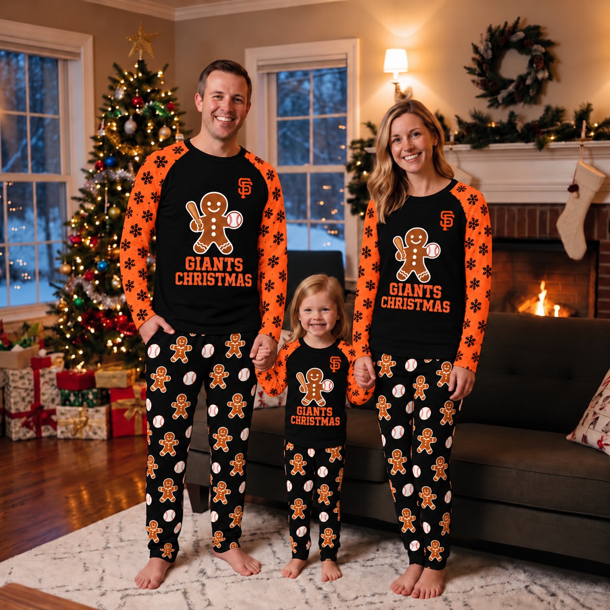 San Francisco Giants family Christmas pajamas, gingerbread design