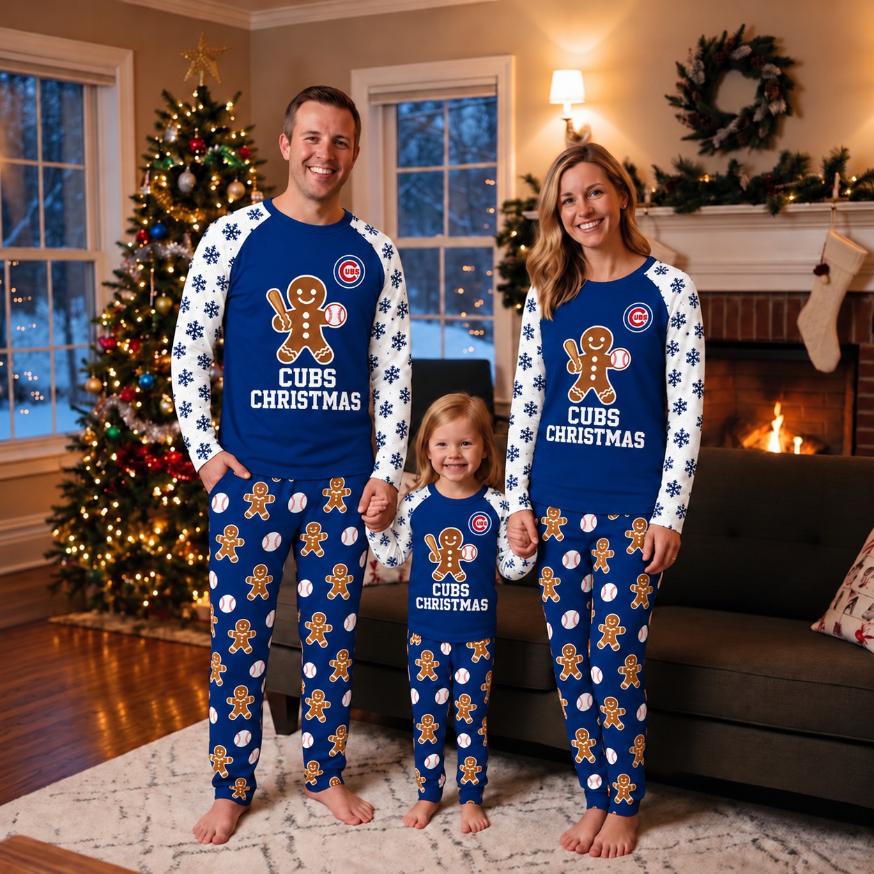 Chicago Cubs family Christmas pajamas, gingerbread design