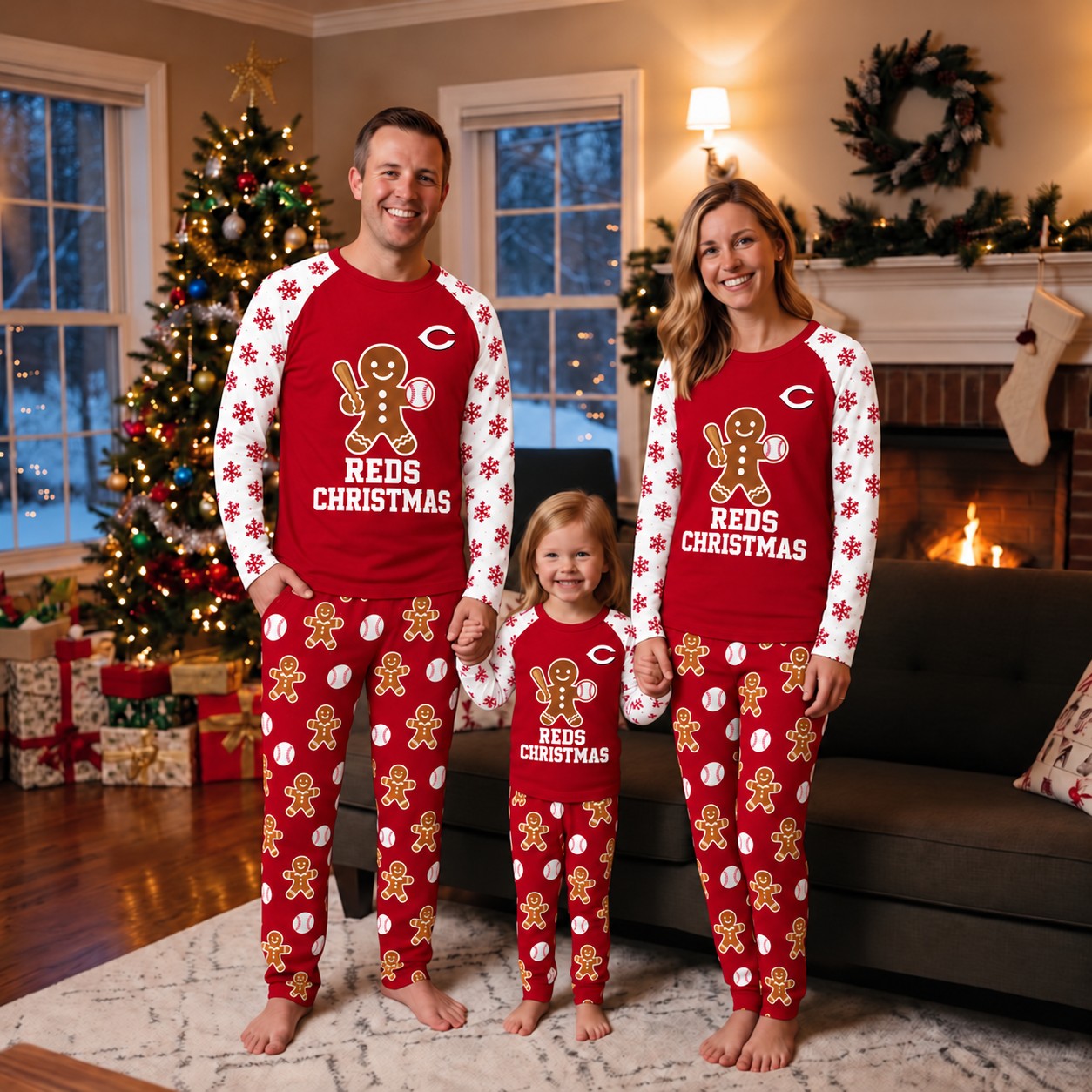 Cincinnati Reds family Christmas pajamas, gingerbread design