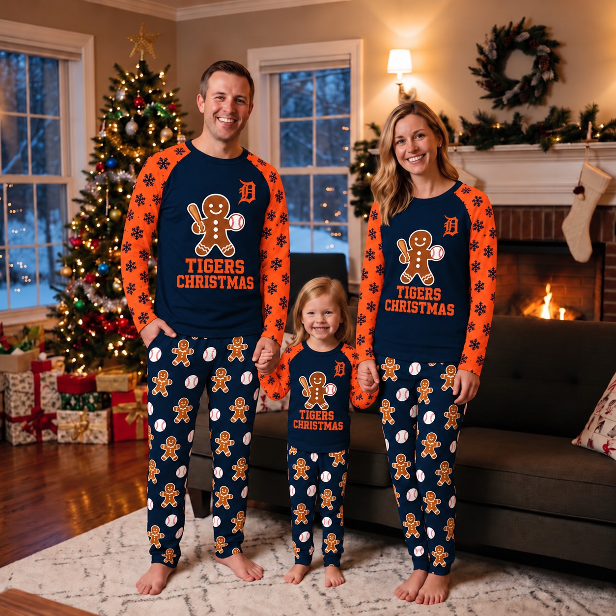 Detroit Tigers family Christmas pajamas, gingerbread design