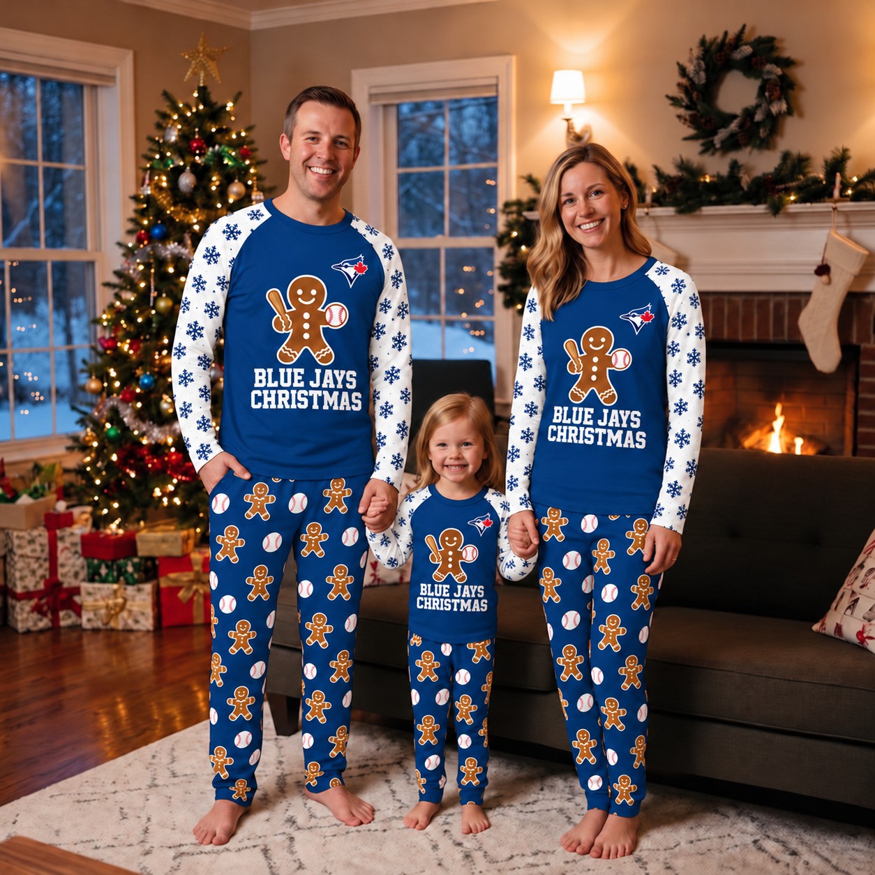 Toronto Blue Jays family Christmas pajamas, gingerbread design