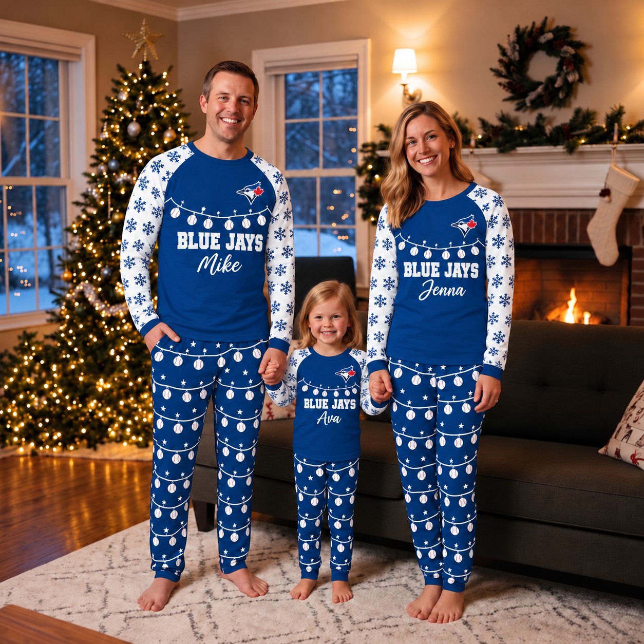 Toronto Blue Jays family Christmas pajamas, string lights design