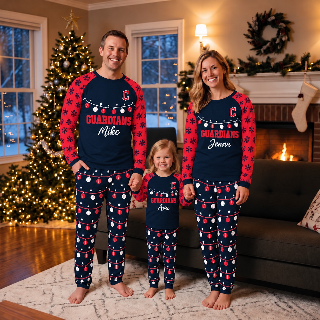Cleveland Guardians family Christmas pajamas, string lights design
