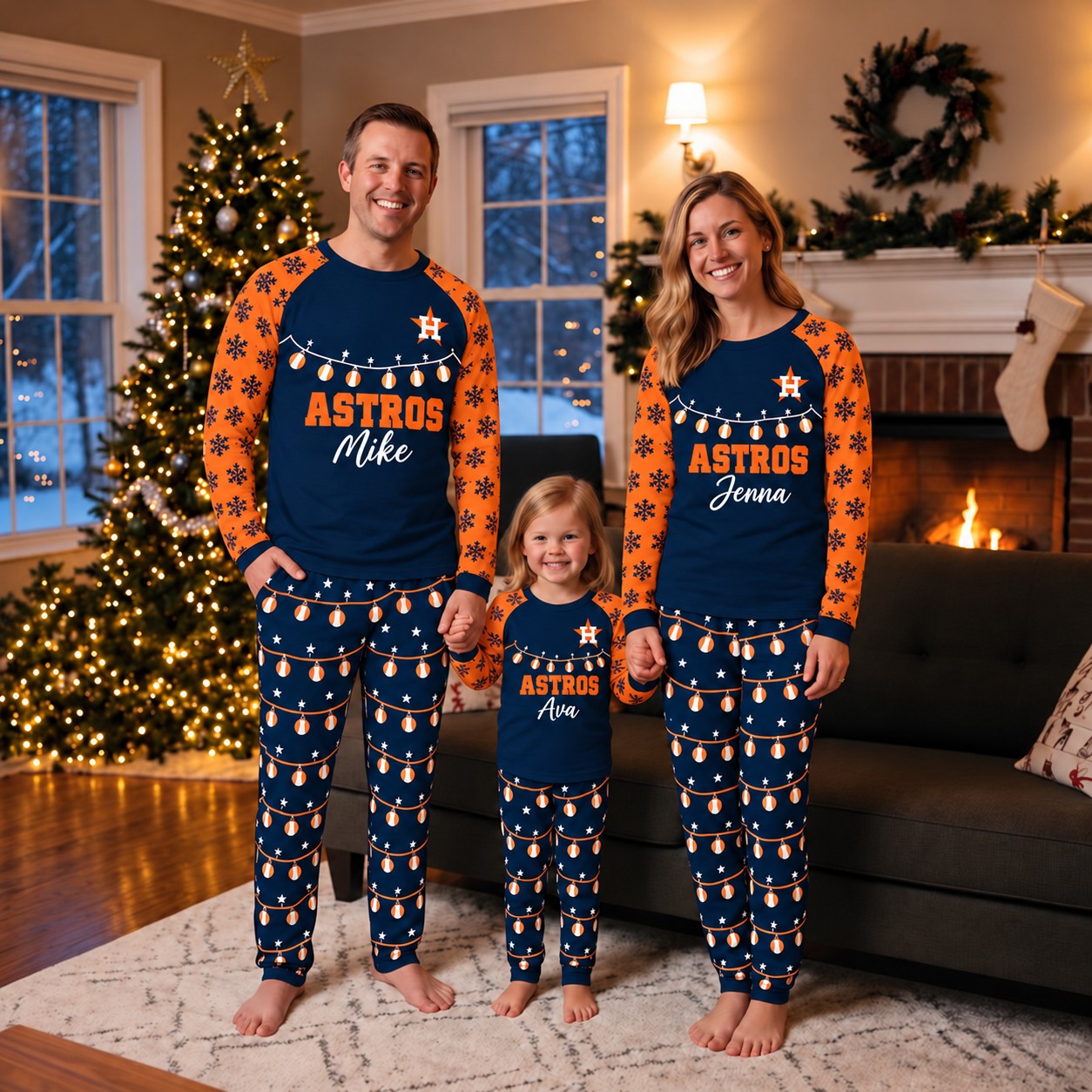 Houston Astros family Christmas pajamas, string lights design