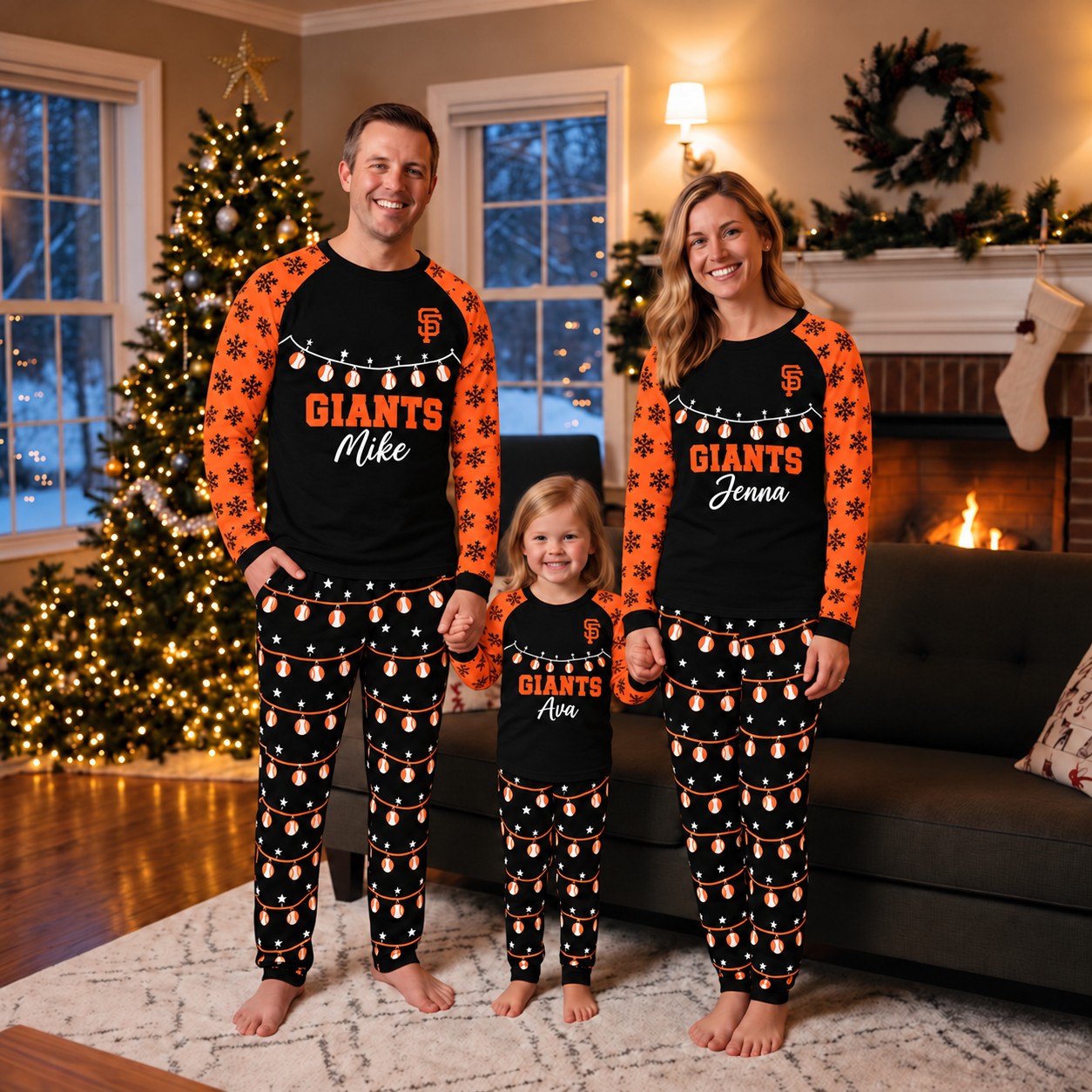 San Francisco Giants family Christmas pajamas, string lights design