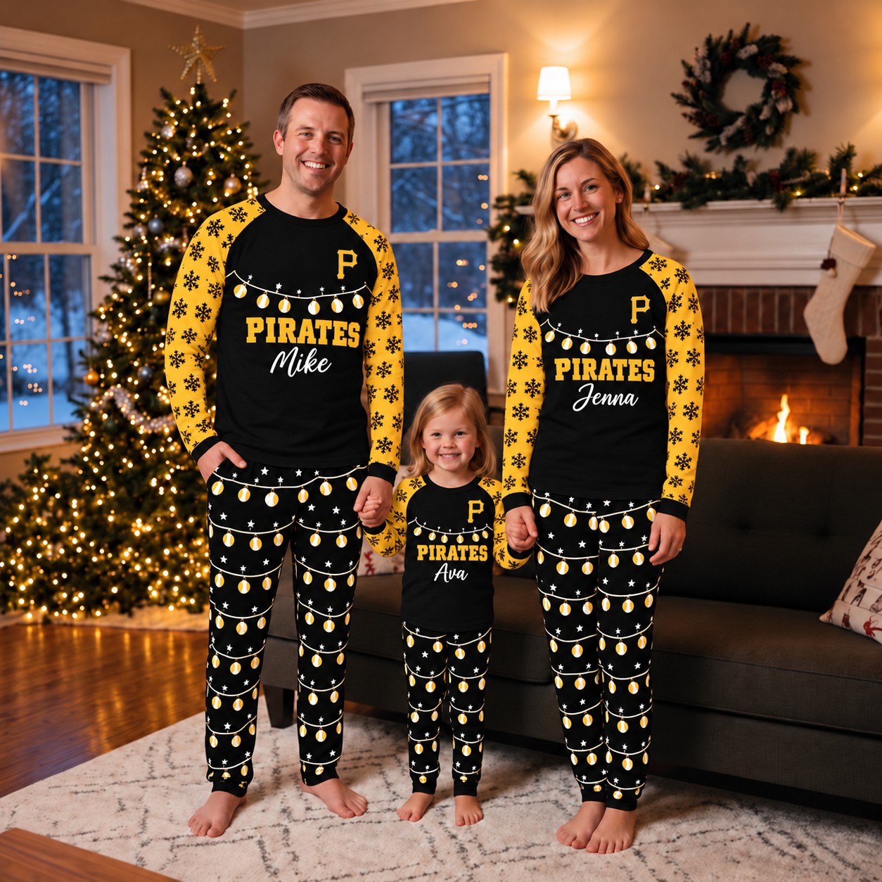 Pittsburgh Pirates family Christmas pajamas, string lights design