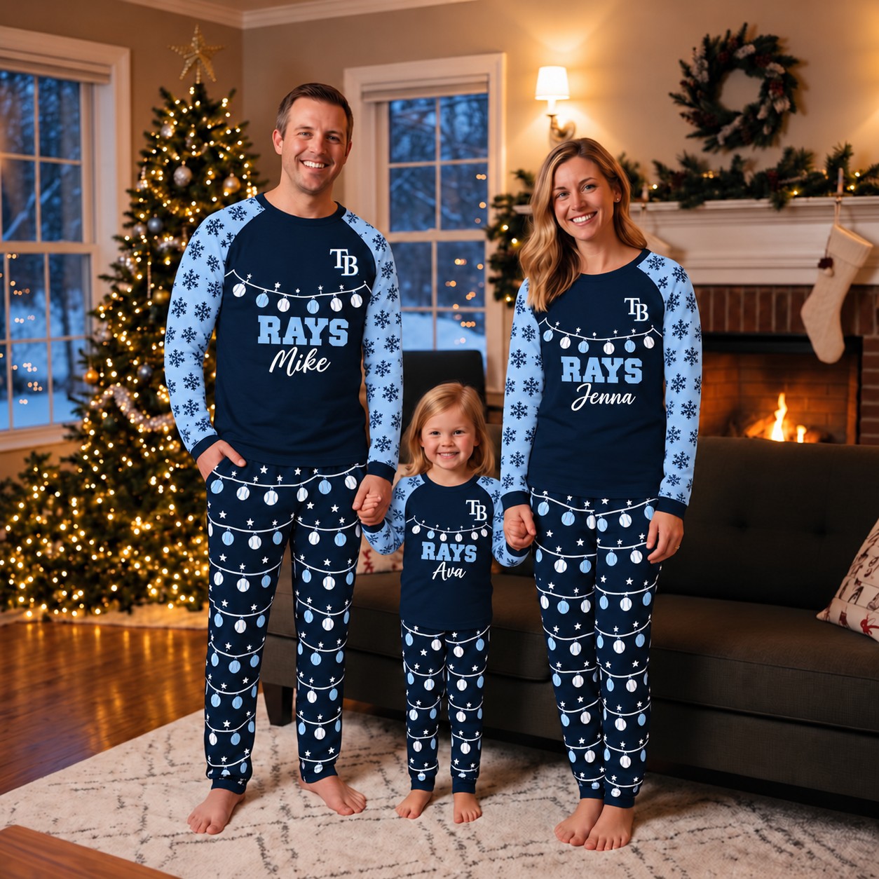 Tampa Bay Rays family Christmas pajamas, string lights design