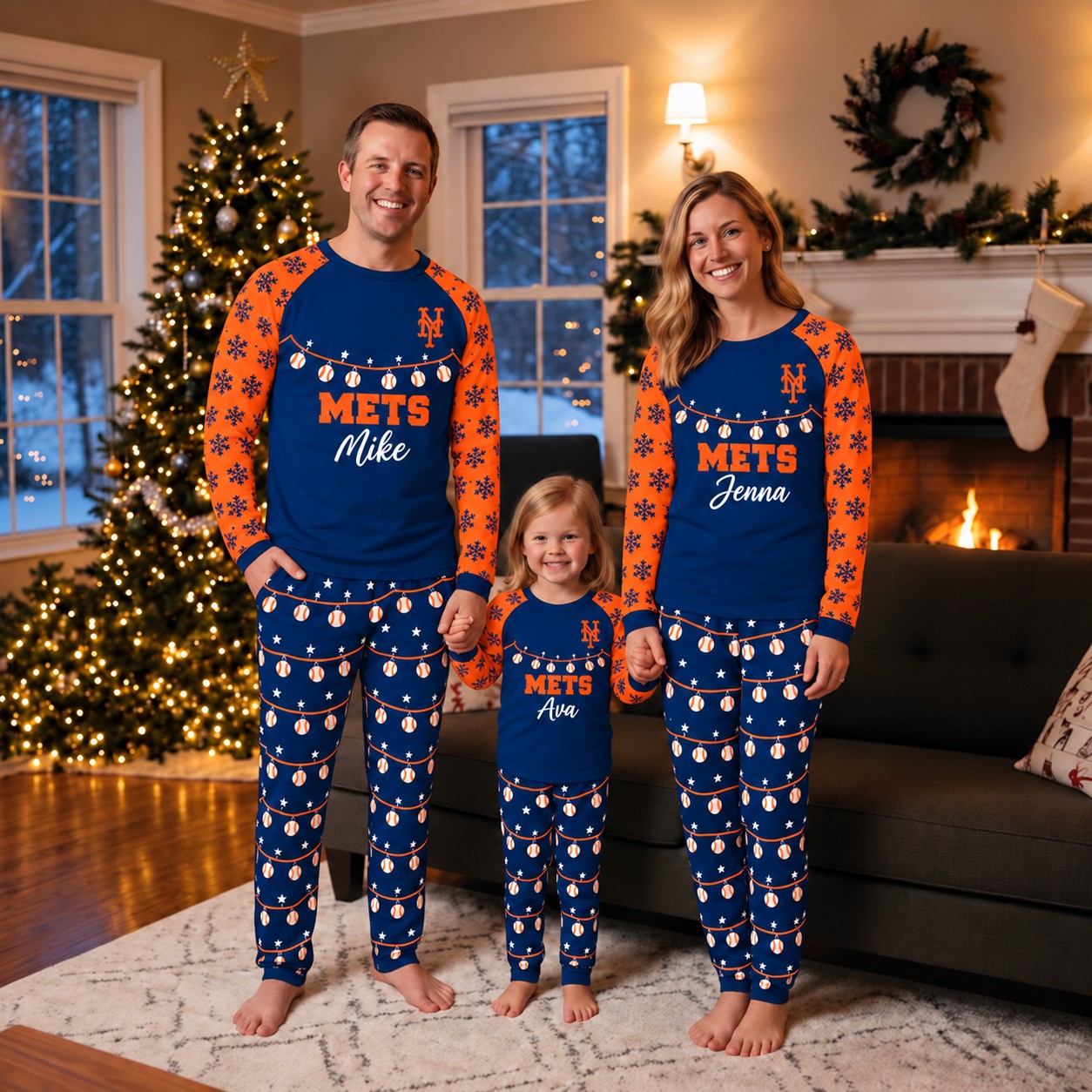 New York Mets family Christmas pajamas, string lights design