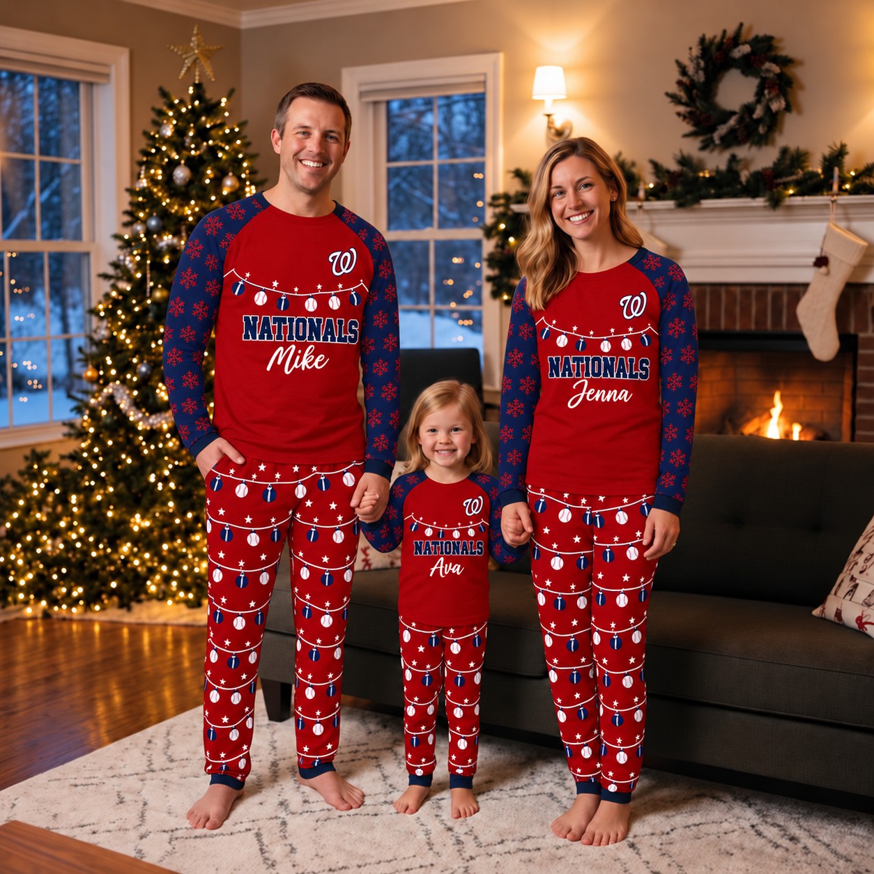 Washington Nationals family Christmas pajamas, string lights design