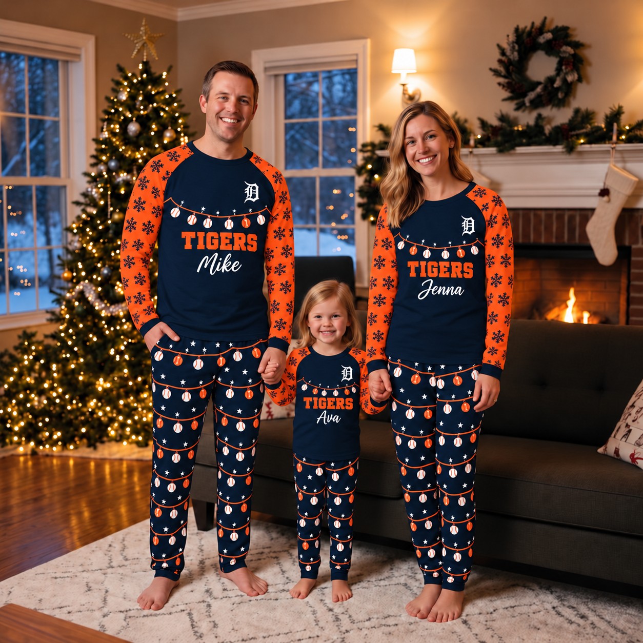 Detroit Tigers family Christmas pajamas, string lights design