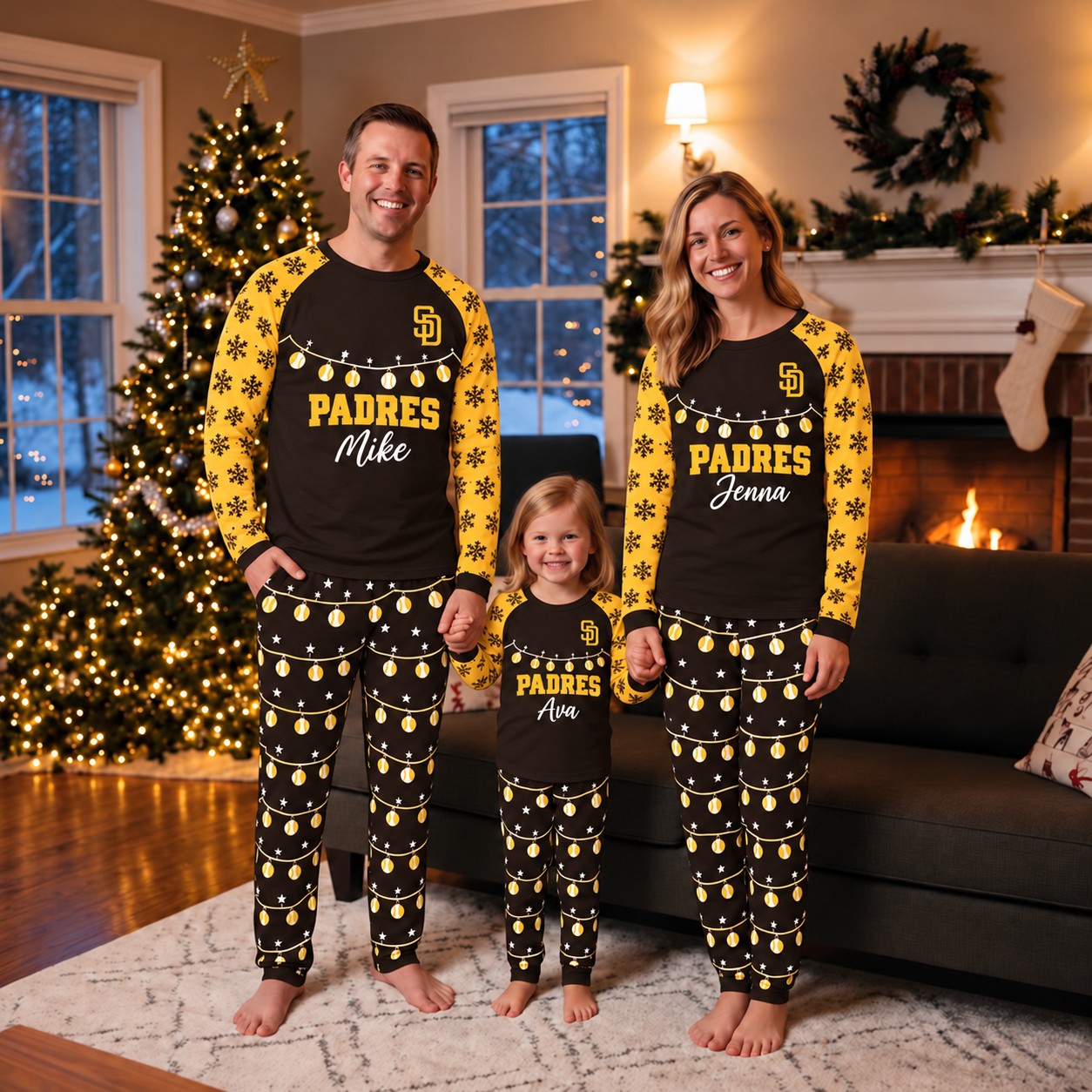San Diego Padres family Christmas pajamas, string lights design