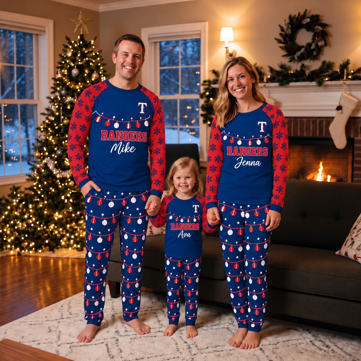 Texas Rangers family Christmas pajamas, string lights design
