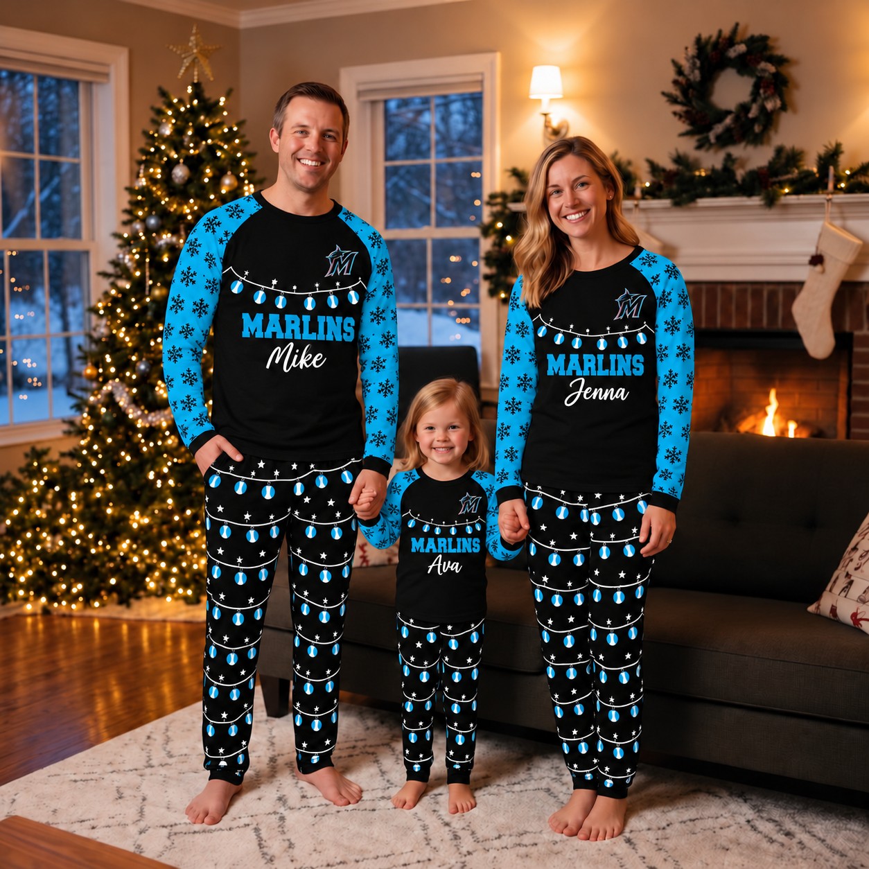 Miami Marlins family Christmas pajamas, string lights design