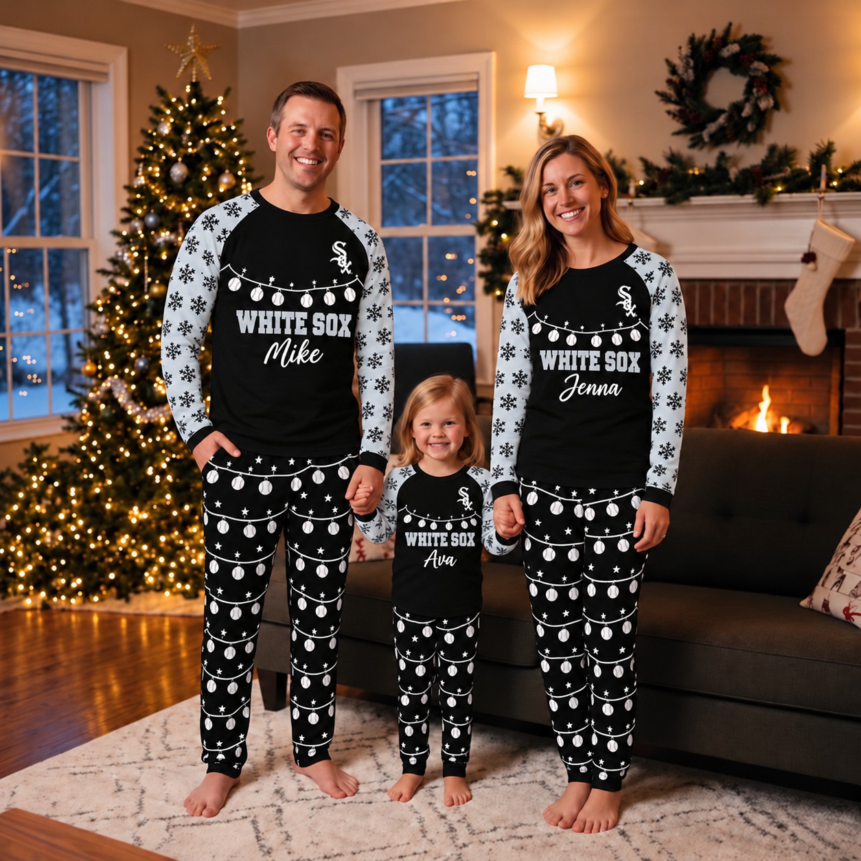 Chicago White Sox family Christmas pajamas, string lights design