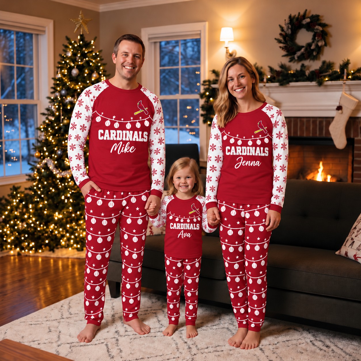 St. Louis Cardinals family Christmas pajamas, string lights design