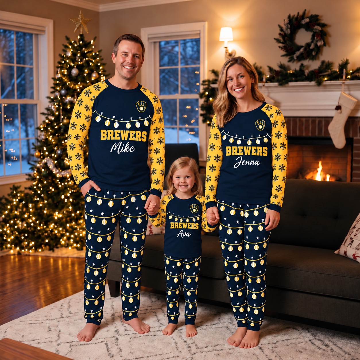 Milwaukee Brewers family Christmas pajamas, string lights design