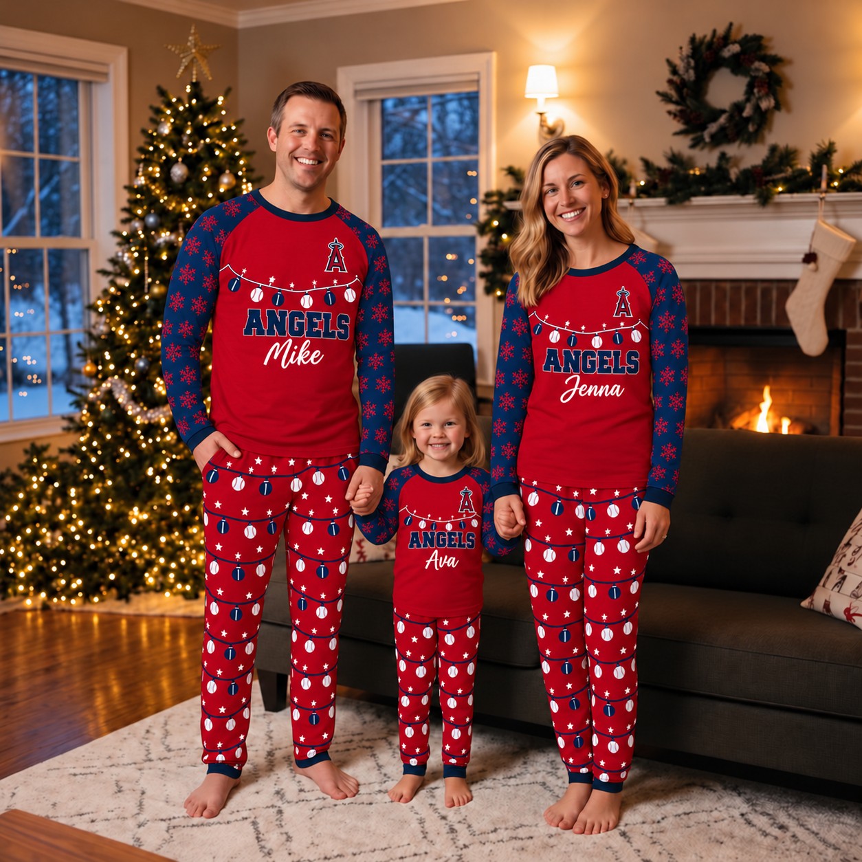 Los Angeles Angels family Christmas pajamas, string lights design
