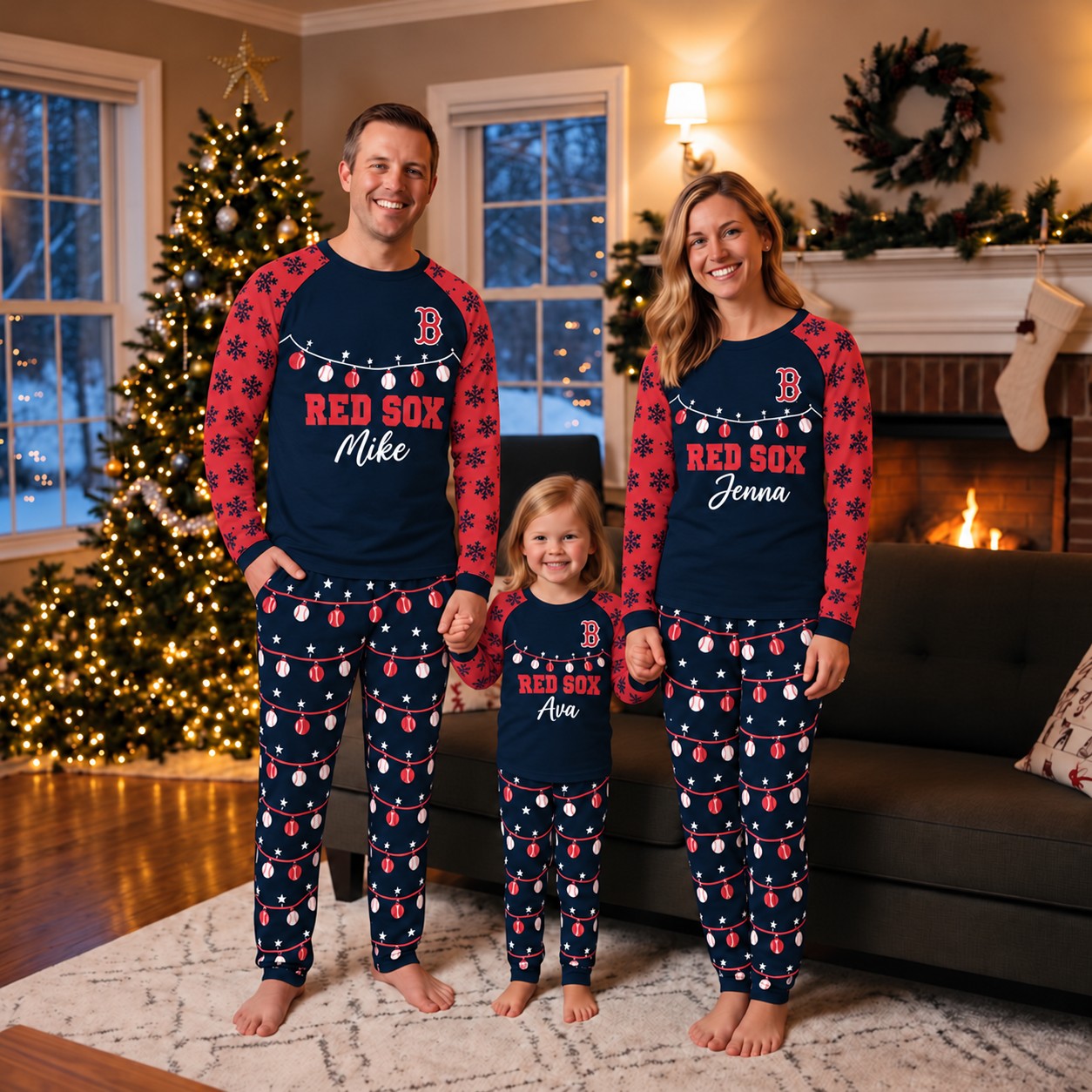 Boston Red Sox family Christmas pajamas, string lights design