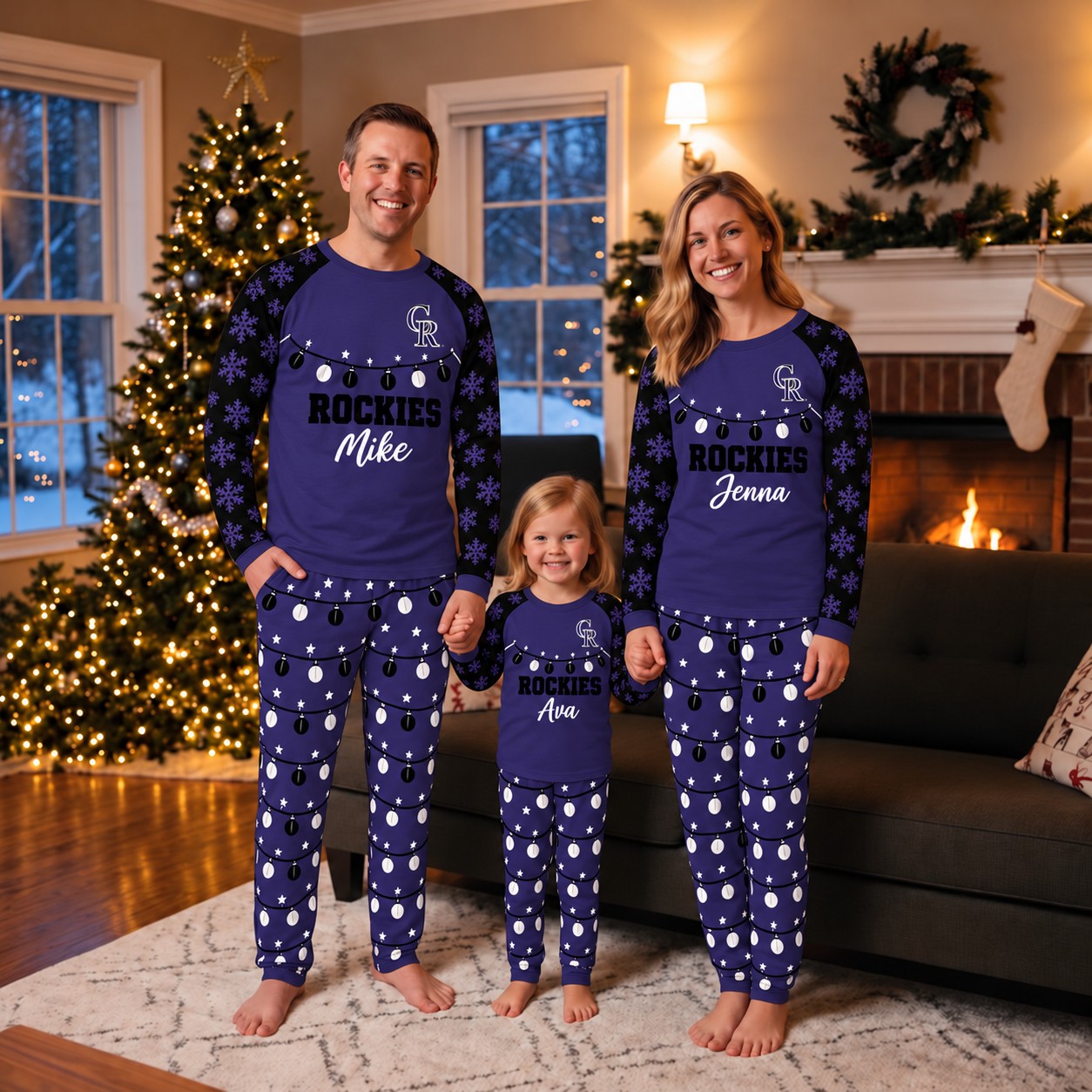 Colorado Rockies family Christmas pajamas, string lights design