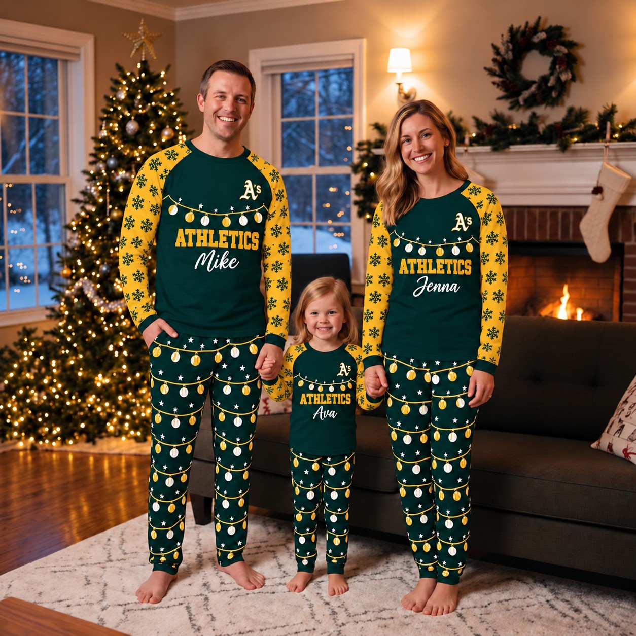 Athletics family Christmas pajamas, string lights design