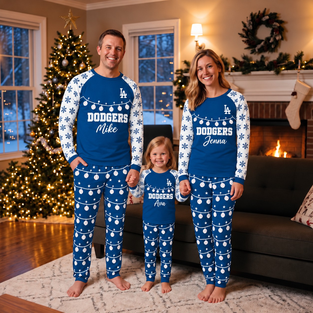 Los Angeles Dodgers family Christmas pajamas, string lights design
