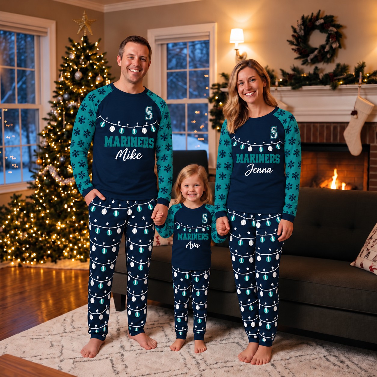 Seattle Mariners family Christmas pajamas, string lights design
