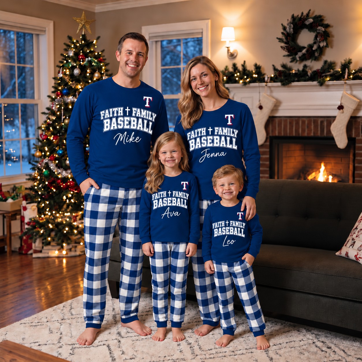 Texas Rangers family Christmas pajamas, faith family baseball design