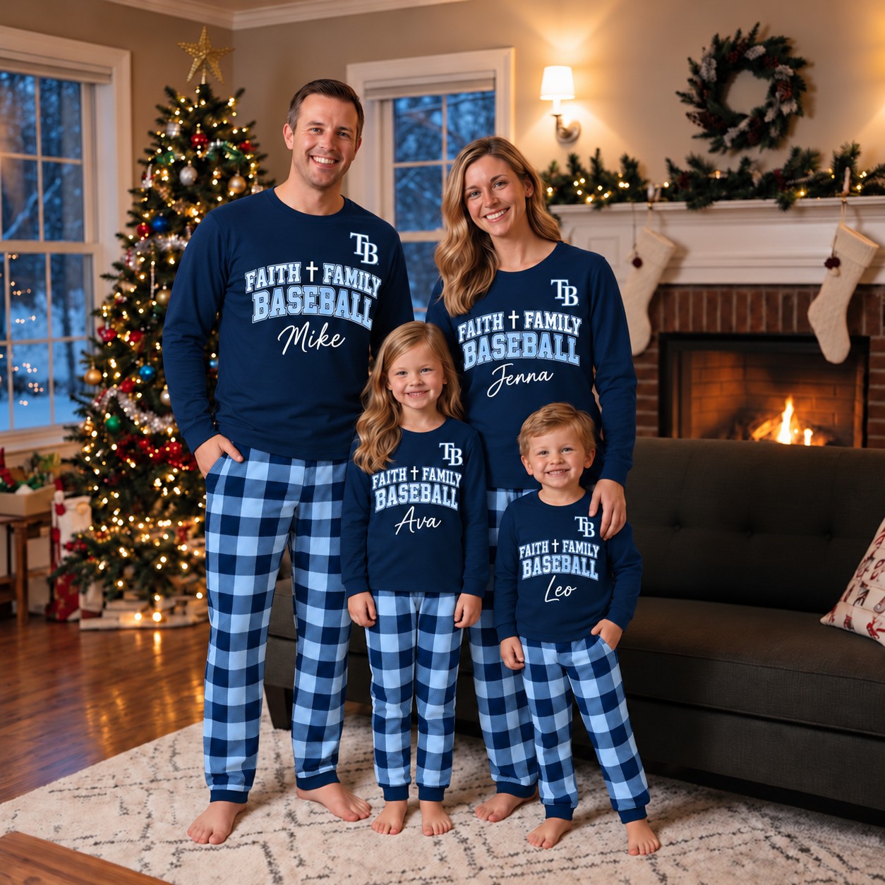 Tampa Bay Rays family Christmas pajamas, faith family baseball design
