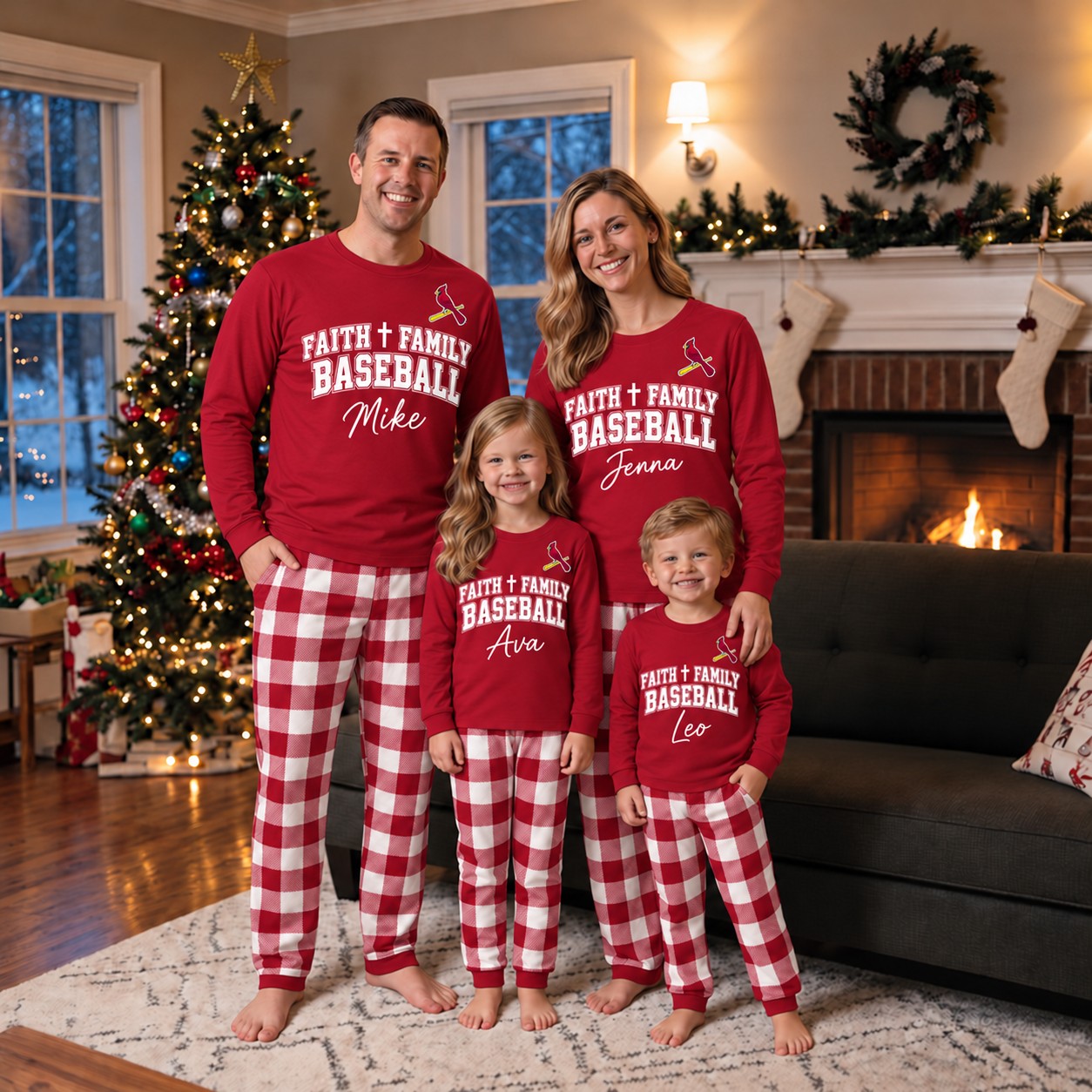 St. Louis Cardinals family Christmas pajamas, faith family baseball design