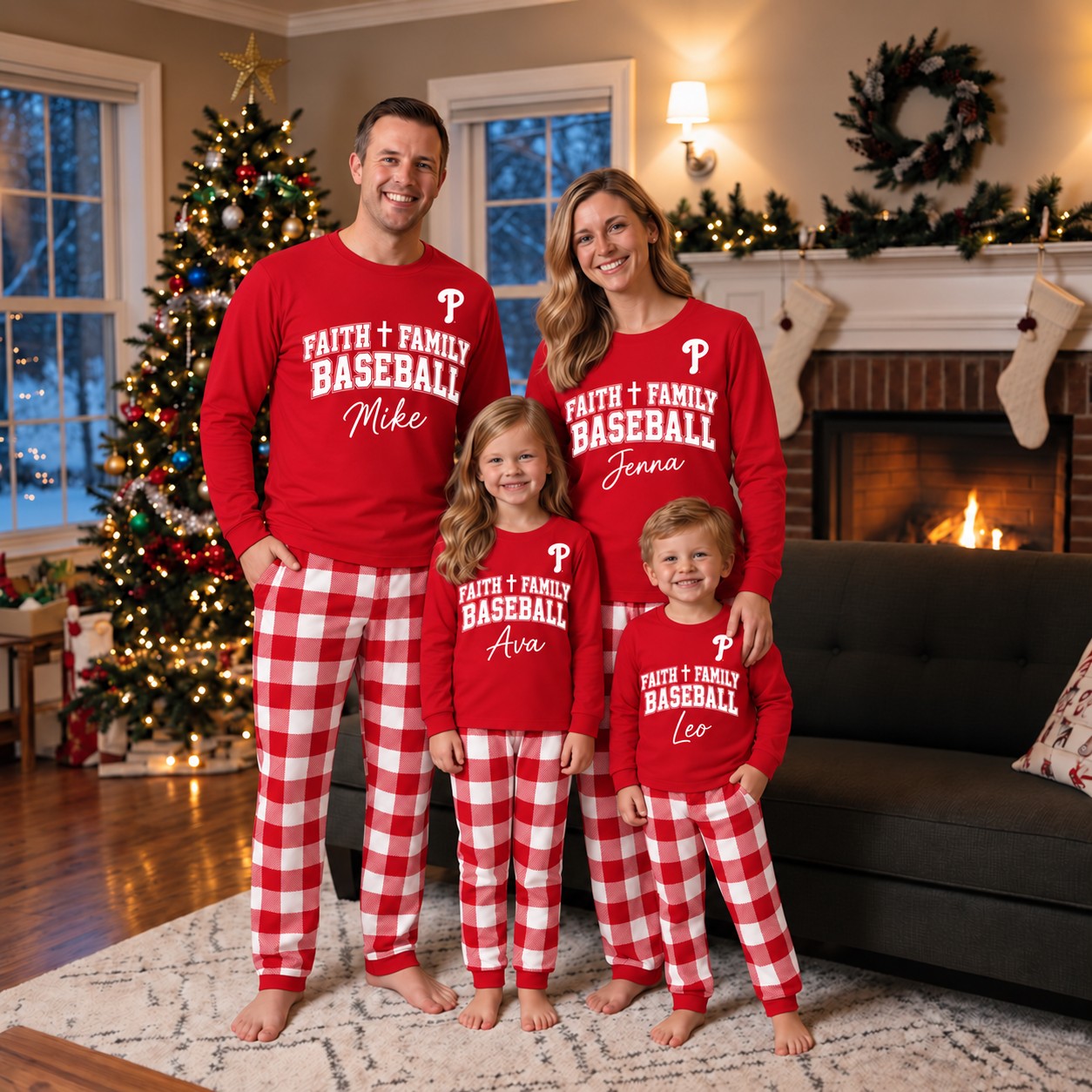 Philadelphia Phillies family Christmas pajamas, faith family baseball design