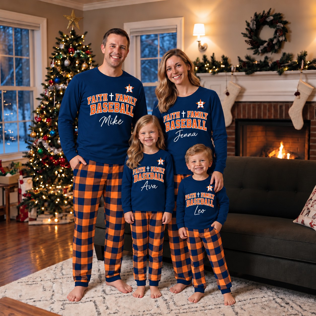 Houston Astros family Christmas pajamas, faith family baseball design