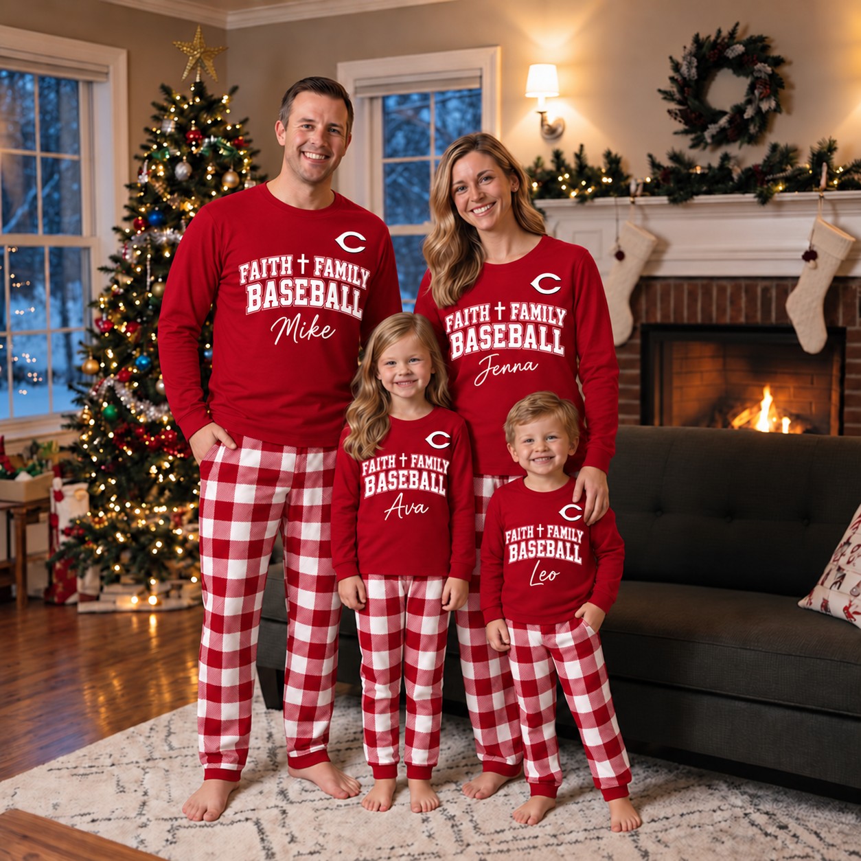 Cincinnati Reds family Christmas pajamas, faith family baseball design