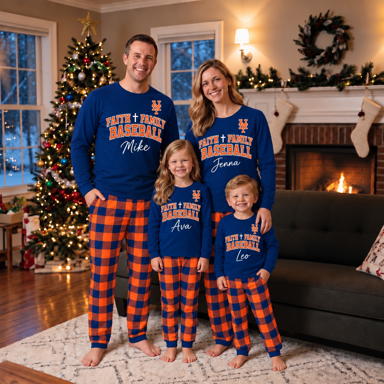 New York Mets family Christmas pajamas, faith family baseball design