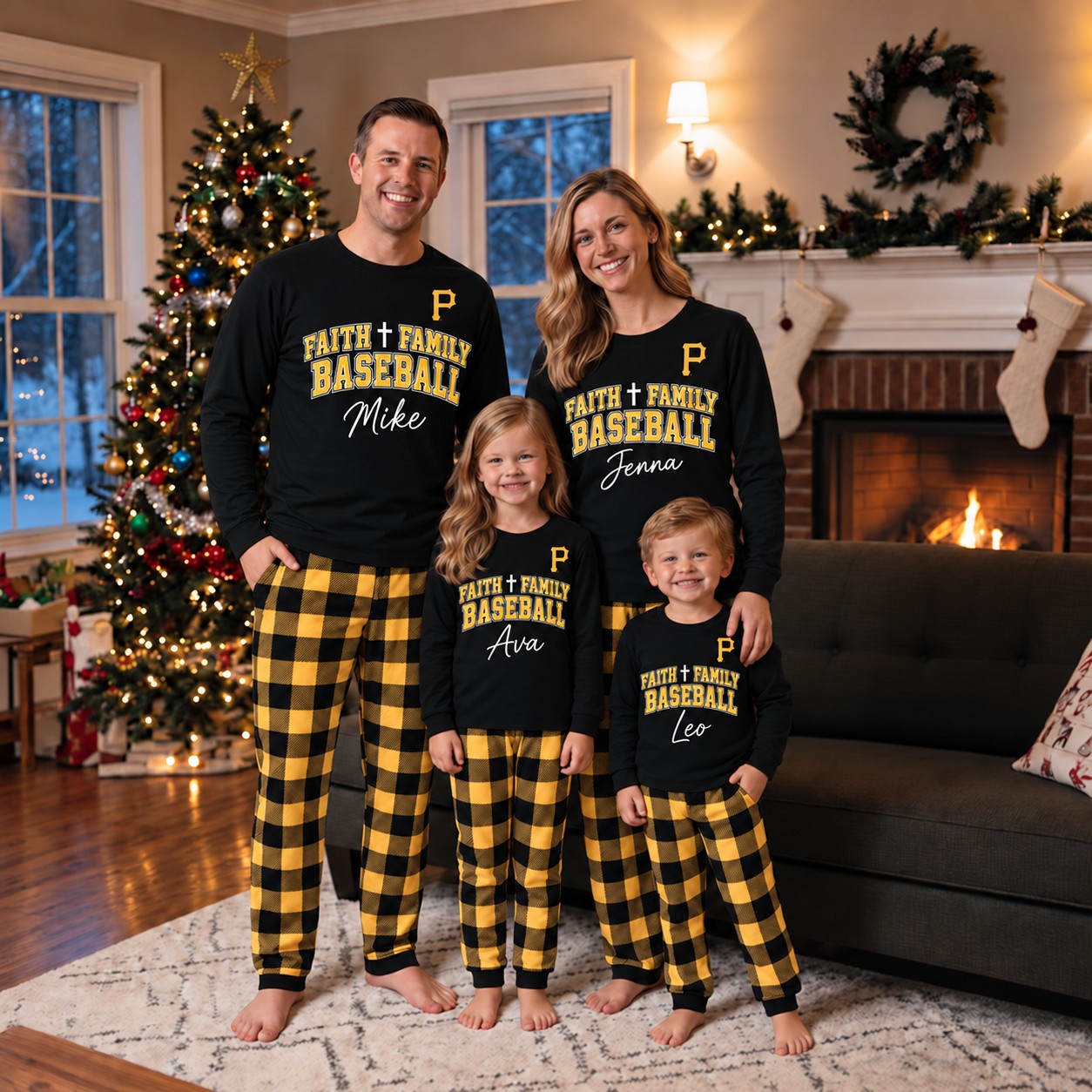 Pittsburgh Pirates family Christmas pajamas, faith family baseball design